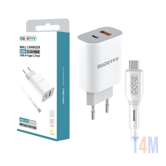 Modorwy PD Wall Charger MA1115 USB+Type-C with Type C Cable 5V 3.1A White